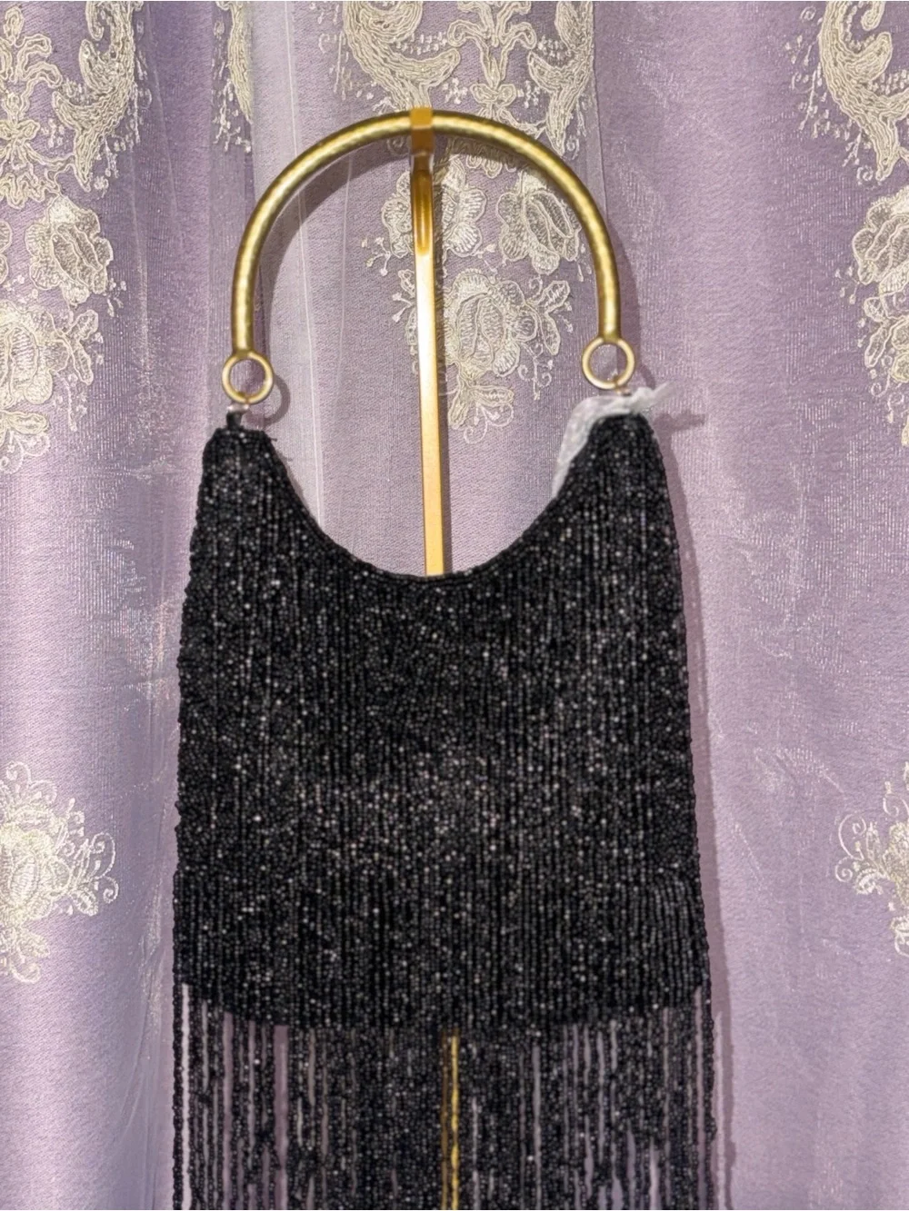 NWT “From India to You” Hand Beaded Black Fringe Evening Bag - Gold Metal Handle